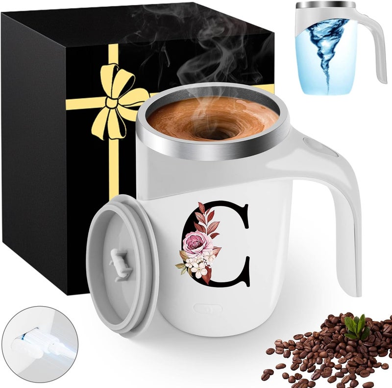 MNZZ Initial Magnetic Stirring Coffee Mug Stainless Travel Cup Stainless Steel Leackproof Cup Camping Taza Cafe Regalos Cumpleaños Navidad Para Mujer Mama Abuela Mi Novia Maestra 14 Febrero San Valentín,C - Image 1